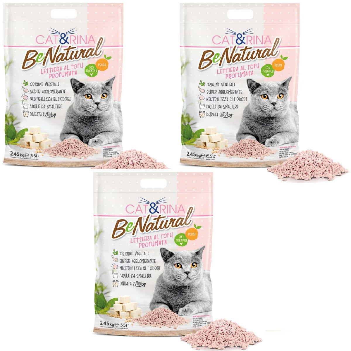 3x5,5L Cat&rina BeNatural - Lettiera da WC al Tofu - Profumo Pesca 3x5,5L Cat&rina BeNatural - Lettiera da WC al Tofu - Profumo Pesca